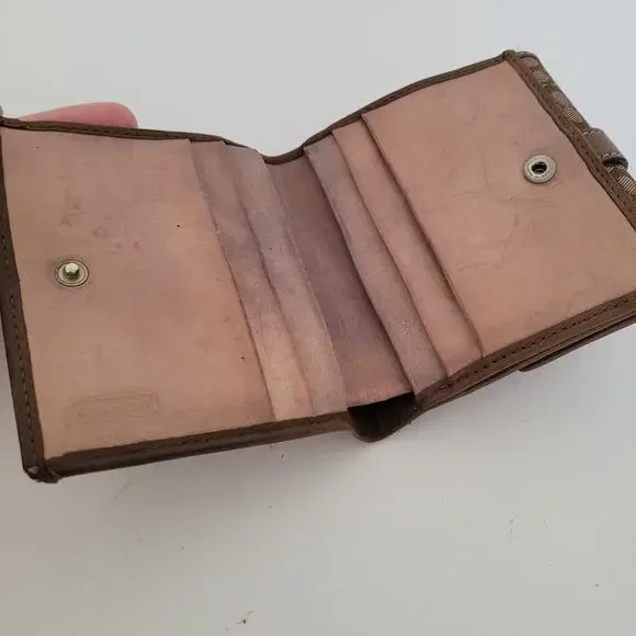Coach Wallet Canvas Leather Signature Bifold 4x4 Small Brown Compact Logo Buckle - Picture 3 of 10